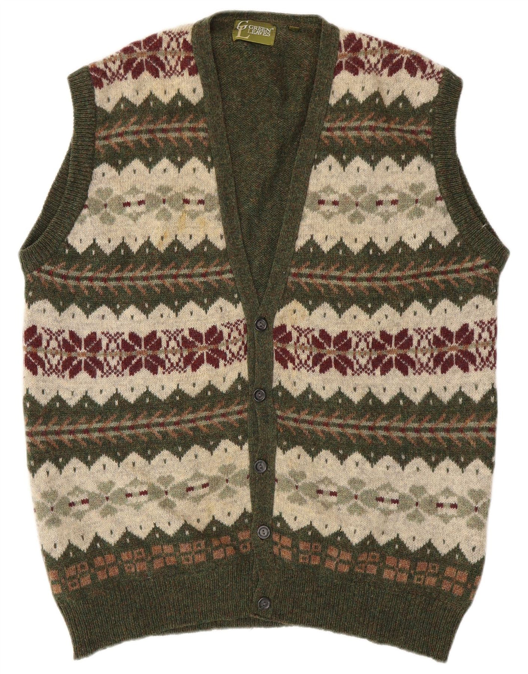 GREEN LEAVES Mens Sleeveless Cardigan Sweater XL Green Fair Isle Wool