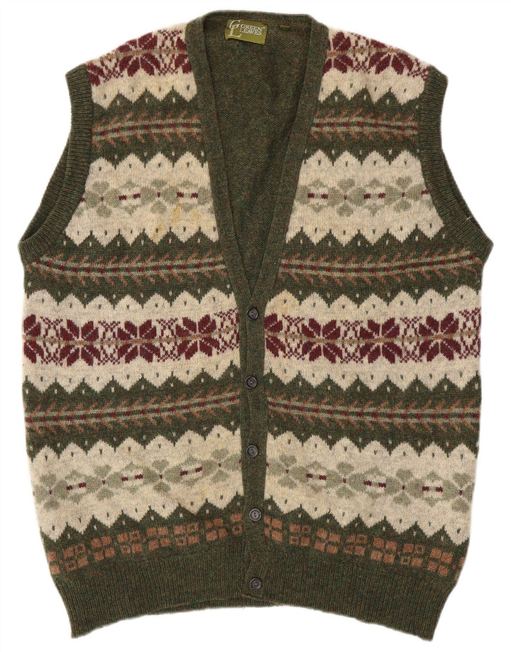 GREEN LEAVES Mens Sleeveless Cardigan Sweater XL Green Fair Isle Wool