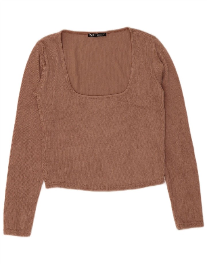 Zara Womens Crop Top Long Sleeve UK 12 Medium Brown Polyester