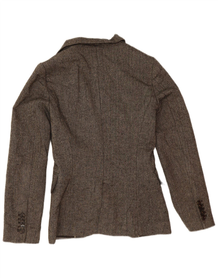 Zara Womens 1 Button Blazer Jacket UK 12 Medium Brown Herringbone Wool