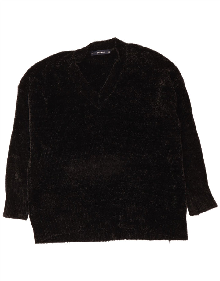 Zara Womens Velour Oversized V-Neck Jumper Sweater UK 10 Small Black