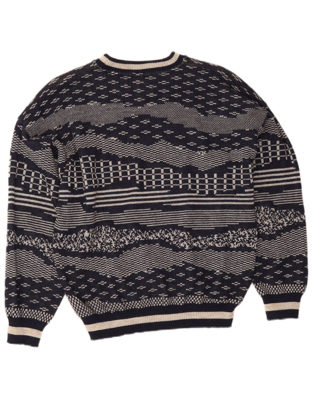 Vintage Mens Crew Neck Jumper Sweater Medium Navy Blue Geometric Wool