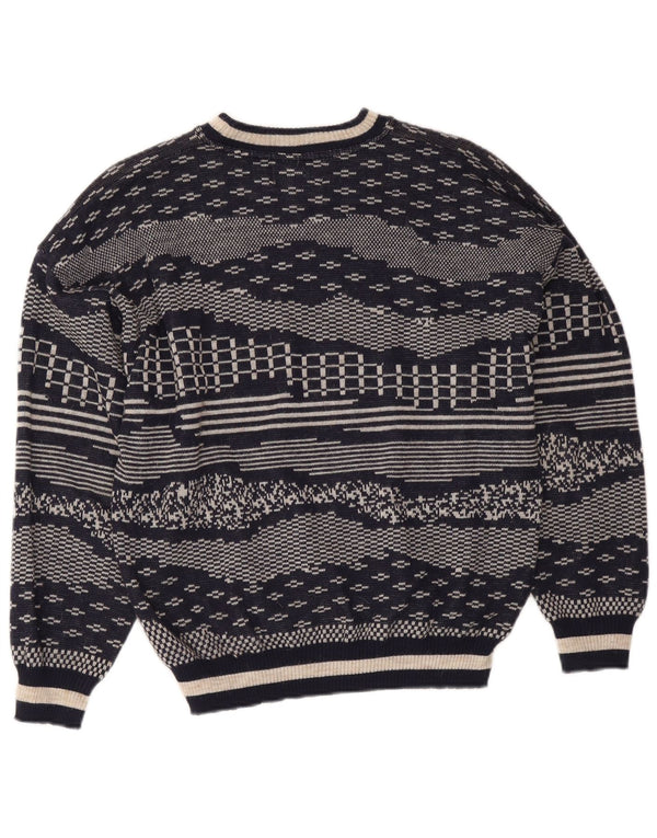 Vintage Mens Crew Neck Jumper Sweater Medium Navy Blue Geometric Wool