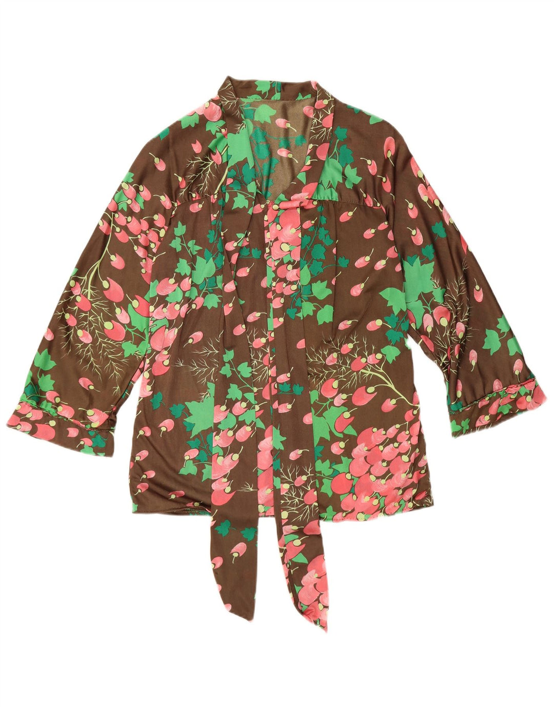 Vintage Womens Long Sleeve Front Tie Blouse Top UK 14 Medium Brown Floral