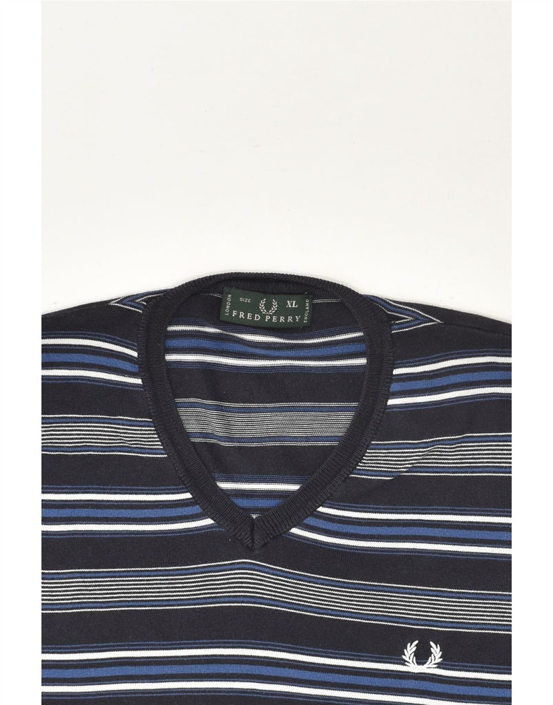 FRED PERRY Mens V-Neck Jumper Sweater XL Navy Blue Striped Cotton | Vintage Fred Perry | Thrift | Second-Hand Fred Perry | Used Clothing | Messina Hembry 