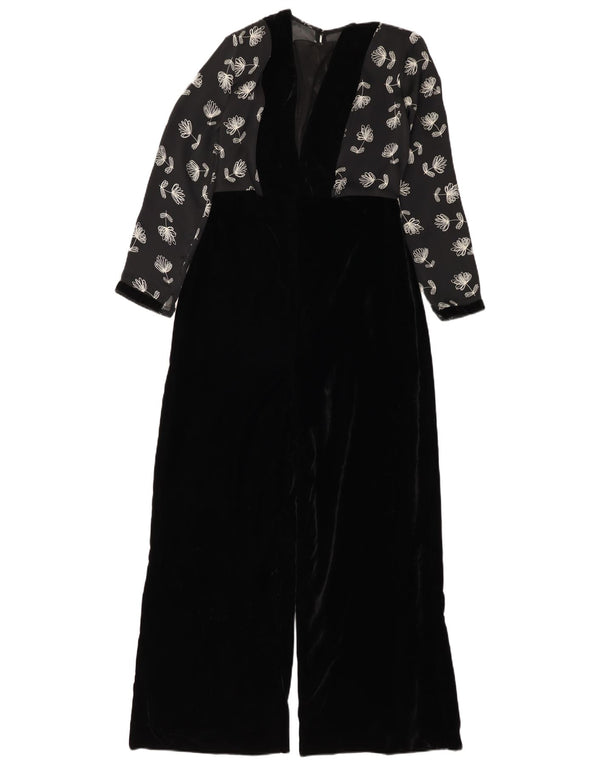 Vintage Womens Velour Jumpsuit UK 12 Medium  Black Floral Polyester