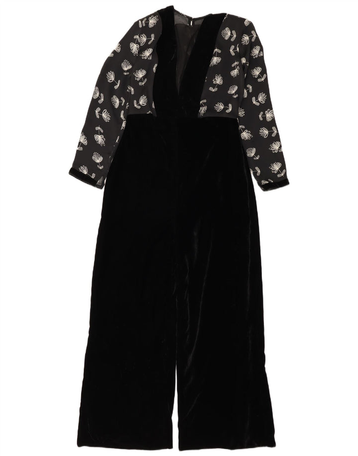 Vintage Womens Velour Jumpsuit UK 12 Medium  Black Floral Polyester