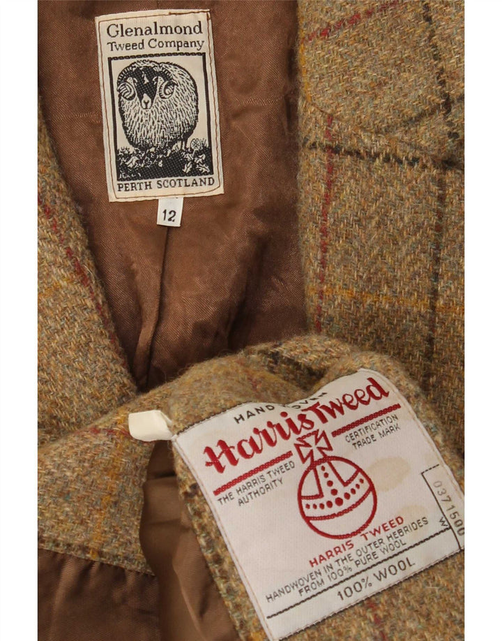 Harris Tweed Womens 3 Button Blazer Jacket UK 12 Medium Brown Check Wool