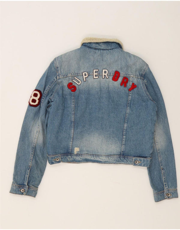 Superdry Womens Crop Graphic Denim Sherpa Jacket UK 16 Large Blue Cotton
