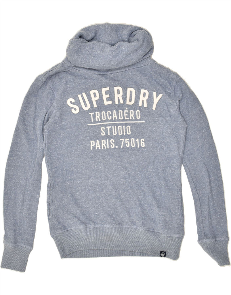 SUPERDRY Womens Paris Graphic Roll Neck Sweatshirt Jumper UK 10 Small Blue | Vintage Superdry | Thrift | Second-Hand Superdry | Used Clothing | Messina Hembry 