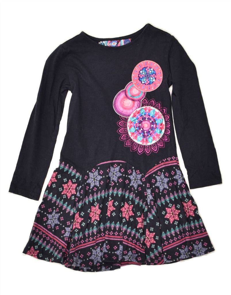 DESIGUAL Girls Long Sleeve Graphic A-Line Dress 5-6 Years Navy Blue | Vintage Desigual | Thrift | Second-Hand Desigual | Used Clothing | Messina Hembry 