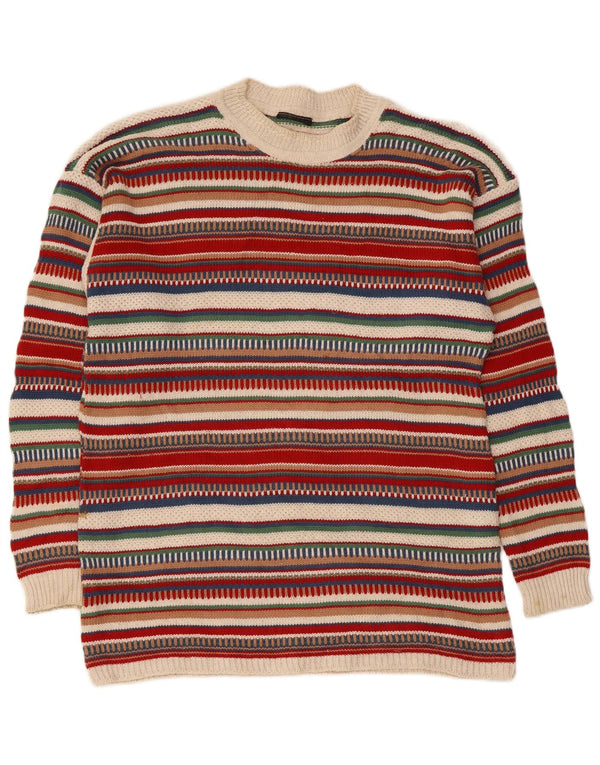 VINTAGE Mens Crew Neck Jumper Sweater Medium Multicoloured Striped Acrylic