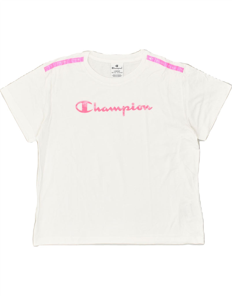 CHAMPION Girls Graphic T-Shirt Top 11-12 Years Large  White Cotton | Vintage Champion | Thrift | Second-Hand Champion | Used Clothing | Messina Hembry 