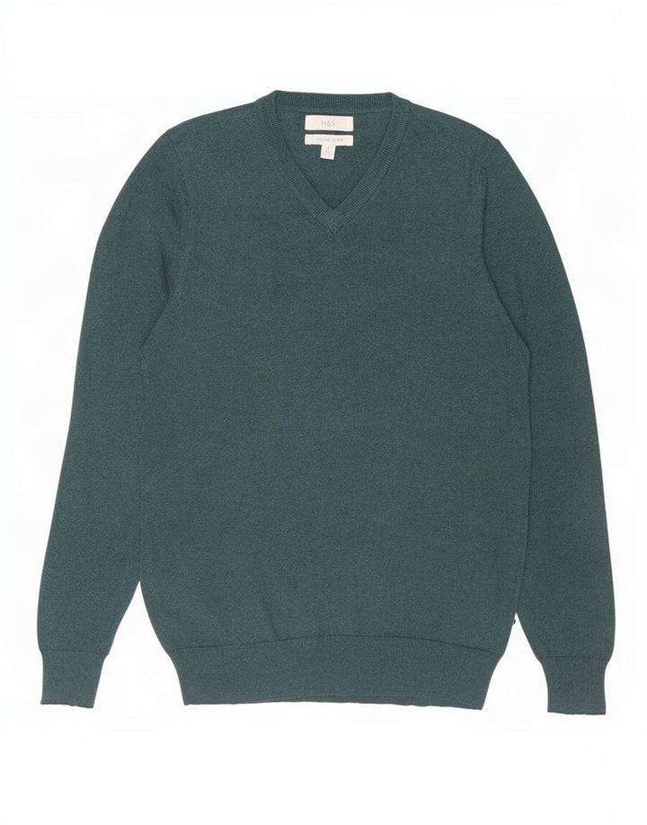 Marks & Spencer Mens V-Neck Jumper Sweater Small Green Cotton
