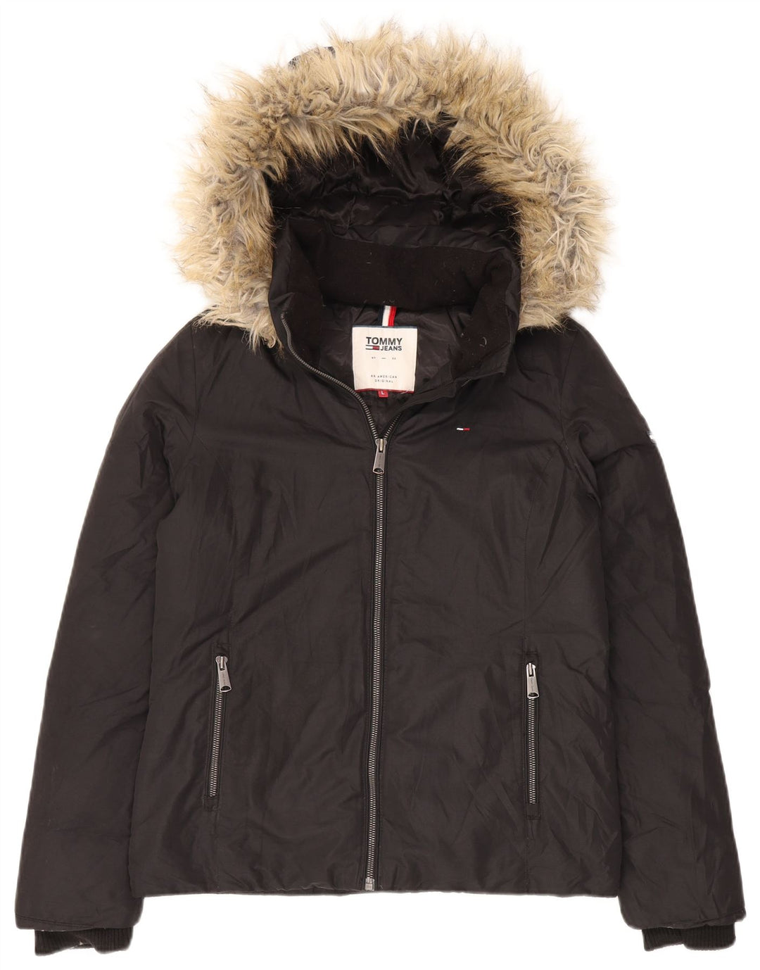 Tommy Hilfiger Womens Hooded Padded Jacket UK 16 Large Black Polyester