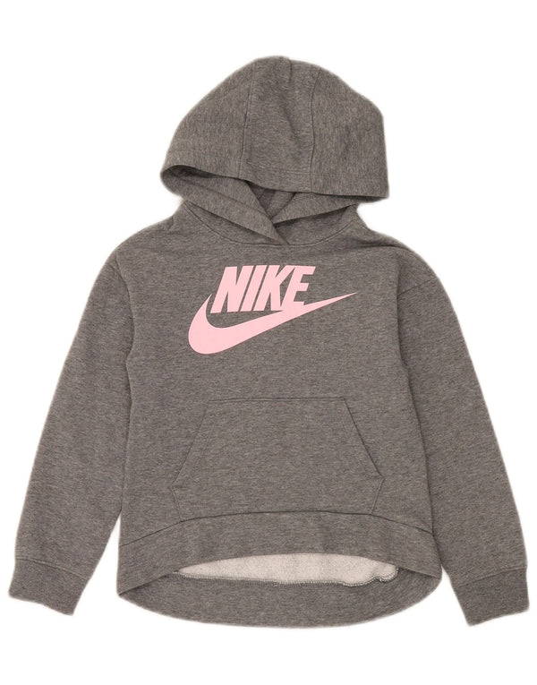 Nike Girls Graphic Hoodie Jumper 6-7 Years Large Grey Cotton