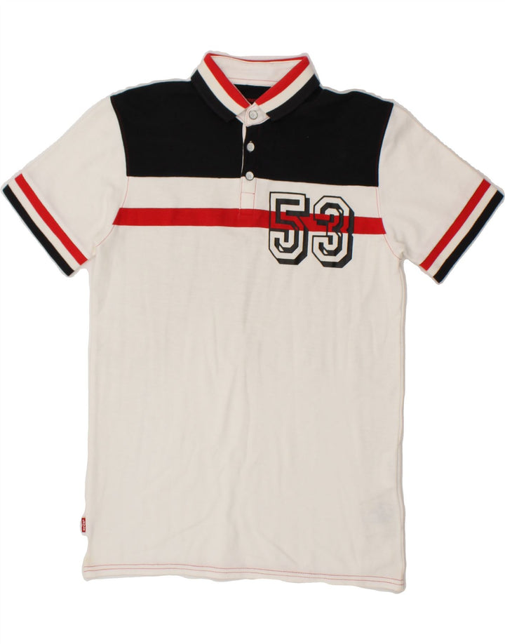 LEVI'S Boys Graphic Polo Shirt 12-13 Years Medium White Colourblock Cotton Vintage Levi's and Second-Hand Levi's from Messina Hembry 