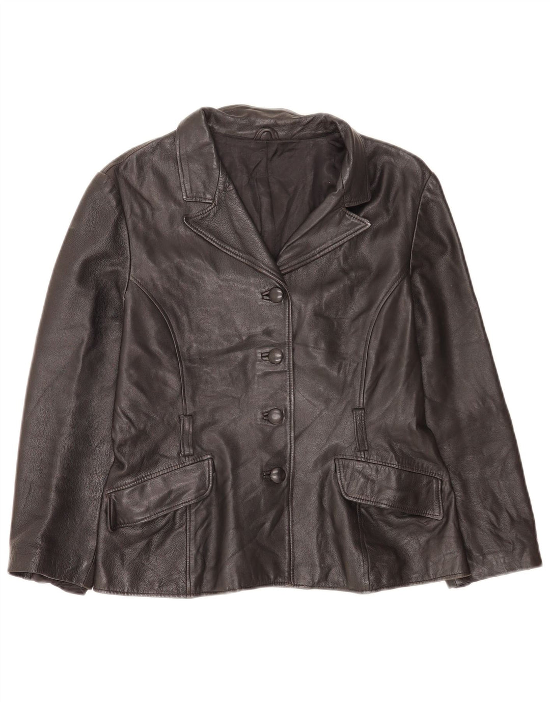 Vintage Womens 4 Button Leather Blazer Jacket UK 14 Medium Black Classic