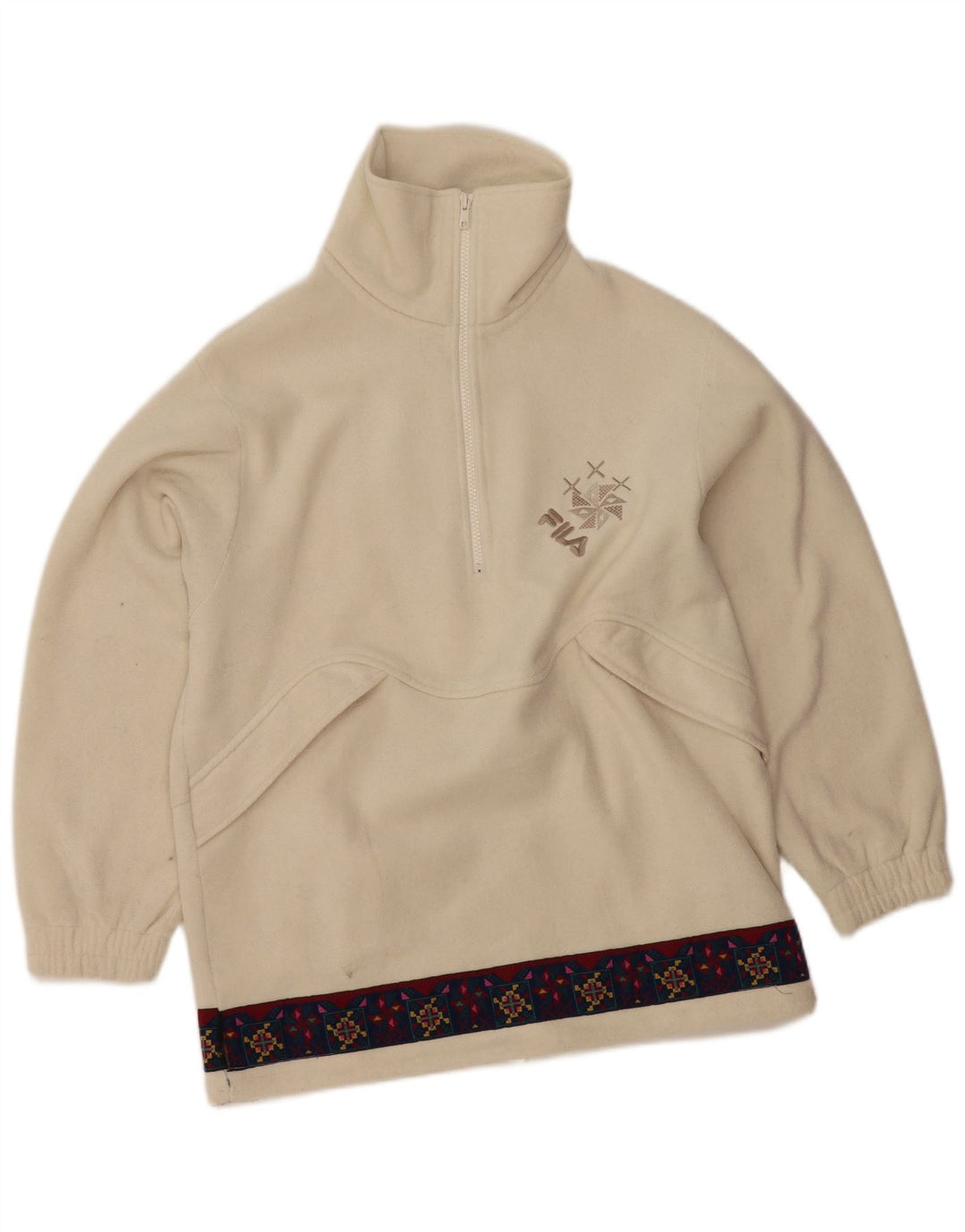 FILA Womens Graphic Zip Neck Fleece Jumper IT 46 Large Off White Geometric