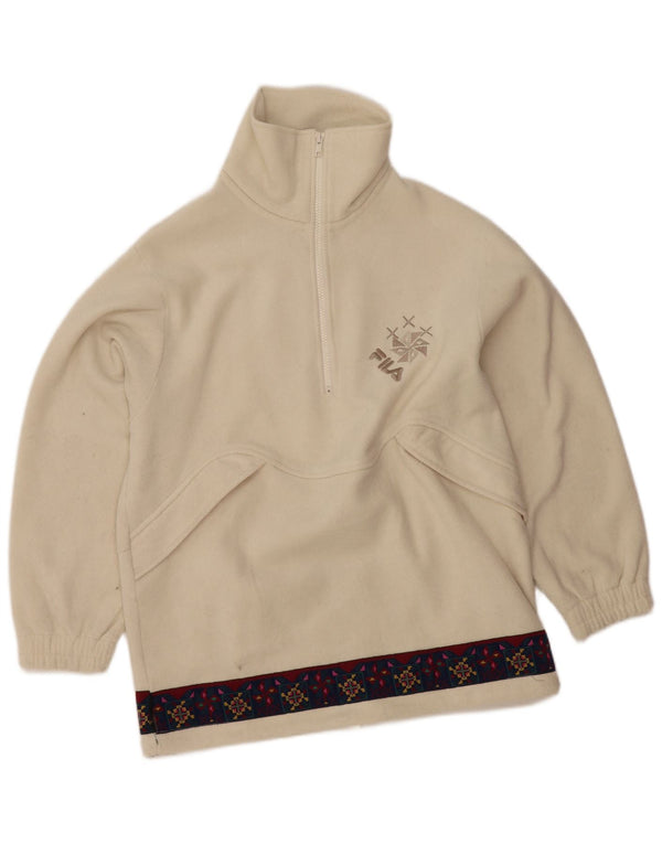 FILA Womens Graphic Zip Neck Fleece Jumper IT 46 Large Off White Geometric