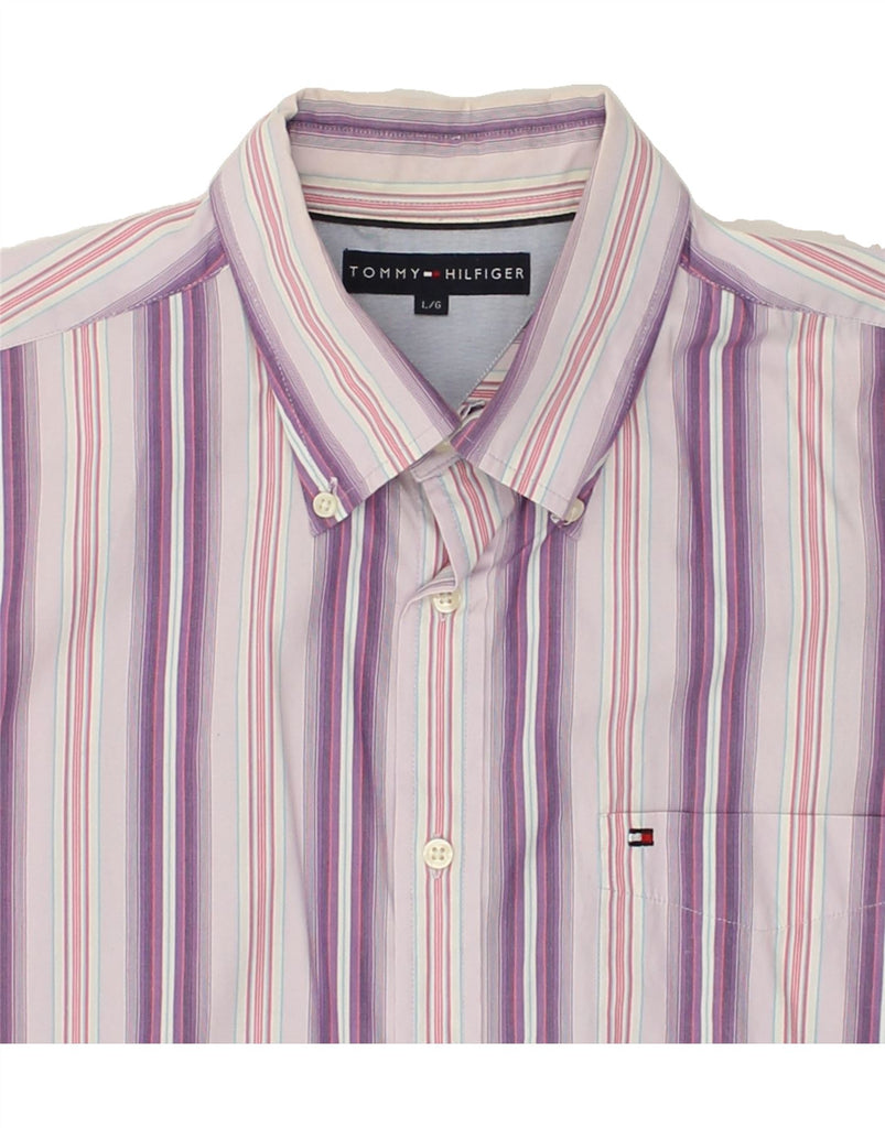 TOMMY HILFIGER Mens Short Sleeve Shirt Large Purple Striped Cotton | Vintage Tommy Hilfiger | Thrift | Second-Hand Tommy Hilfiger | Used Clothing | Messina Hembry 