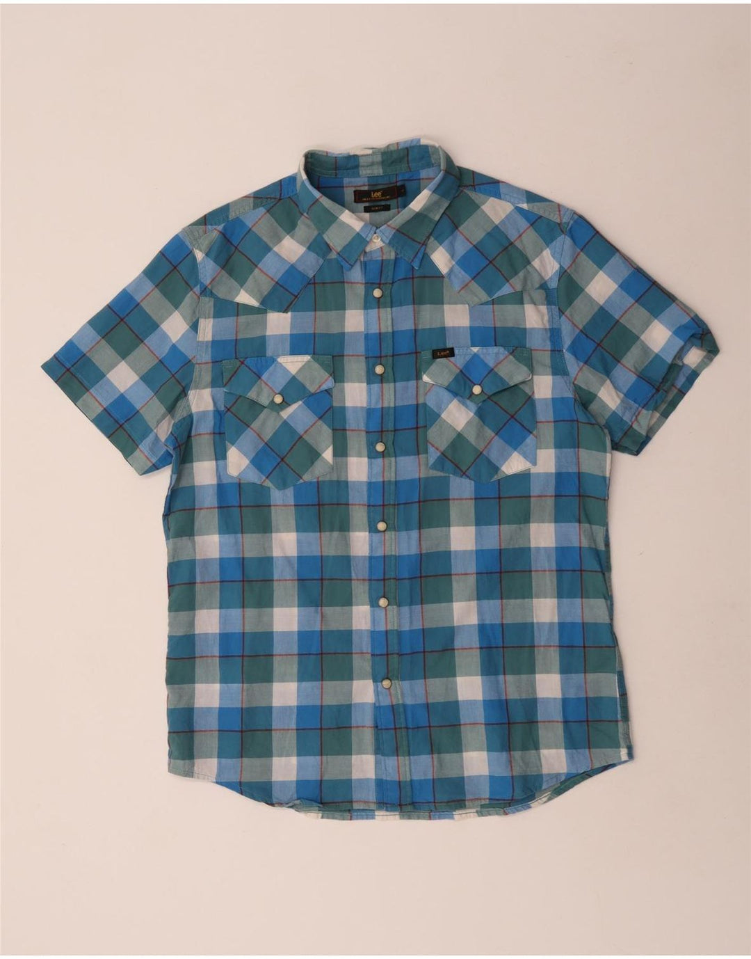 Lee Mens Short Sleeve Slim Fit Shirt Large Blue Check Cotton