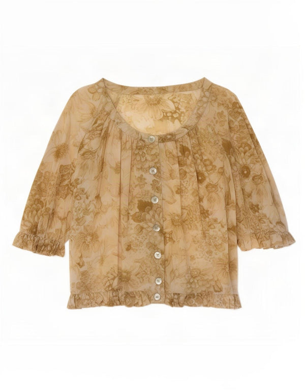Vintage Womens Short Sleeve Shirt Blouse UK 14 Large Beige Floral