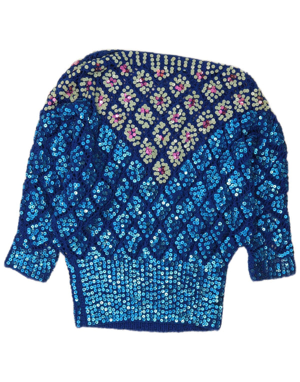 Vintage Womens Boat Neck Jumper Sweater UK 12 Medium Blue Argyle/Diamond