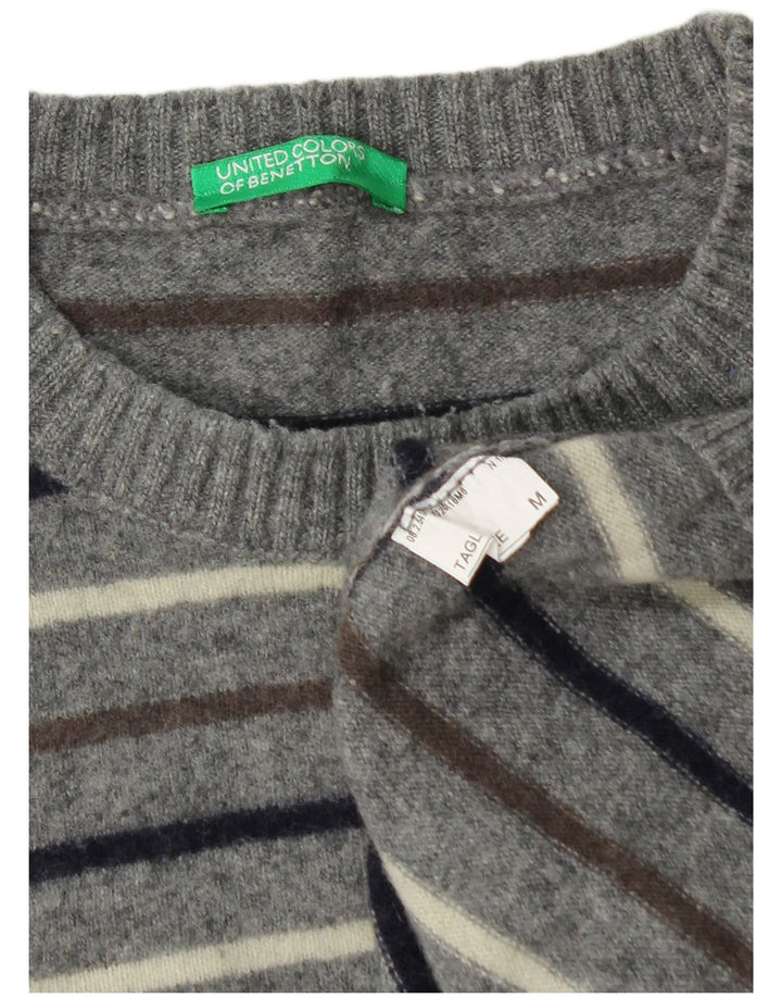 Benetton Mens Crew Neck Jumper Sweater Medium Grey Striped