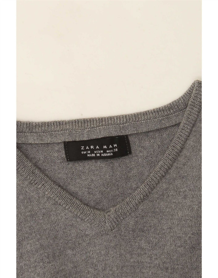 Zara Mens V-Neck Jumper Sweater Medium Grey