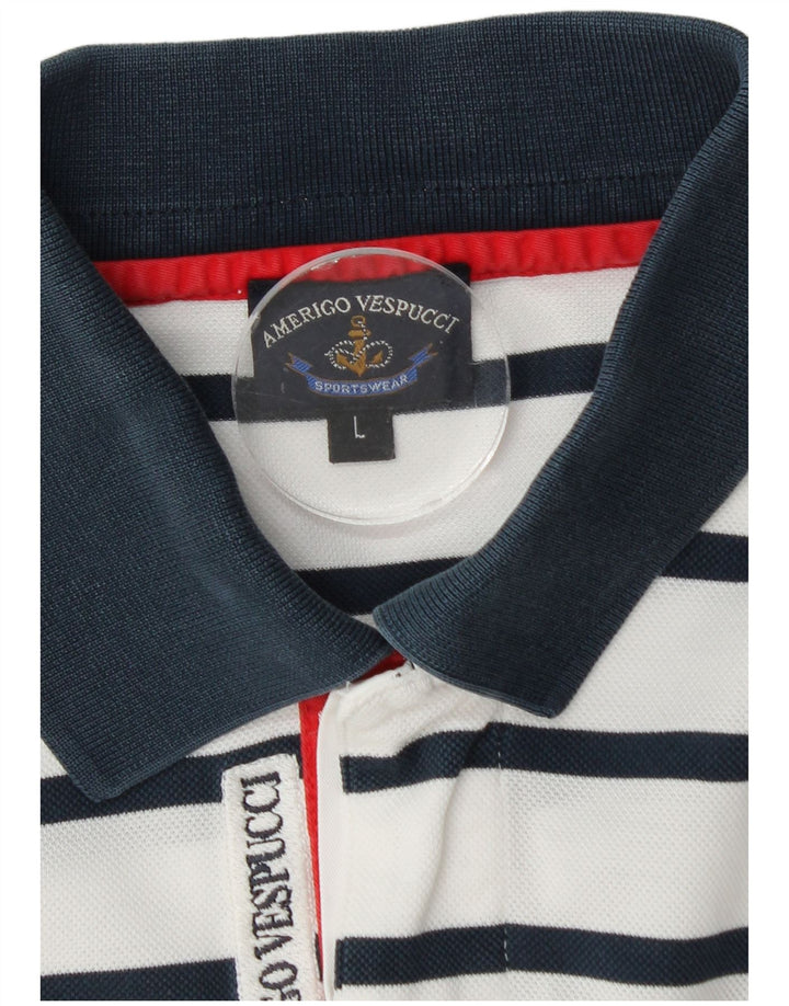 Amerigo Vespucci Mens Rugby Polo Shirt Large White Striped