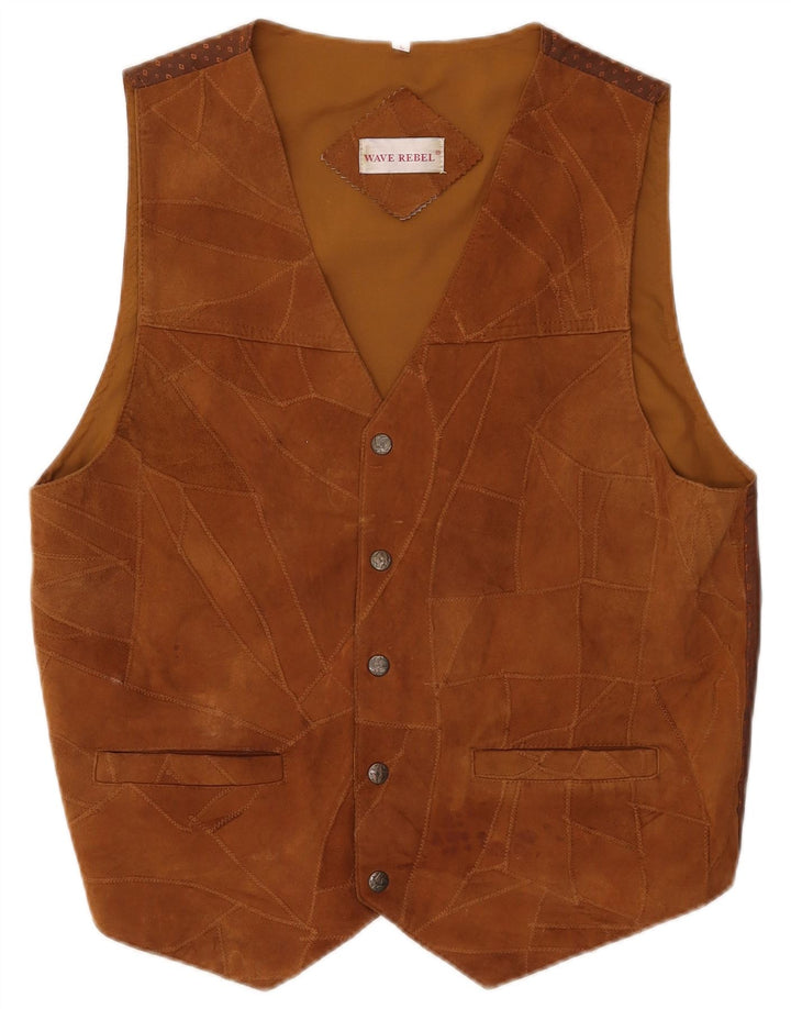 VINTAGE Mens Suede Waistcoat Large Brown Patchwork Leather