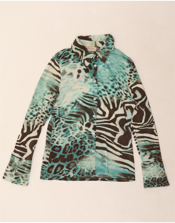 Vintage Womens Shirt Blouse IT 46 Large Turquoise Animal Print Viscose