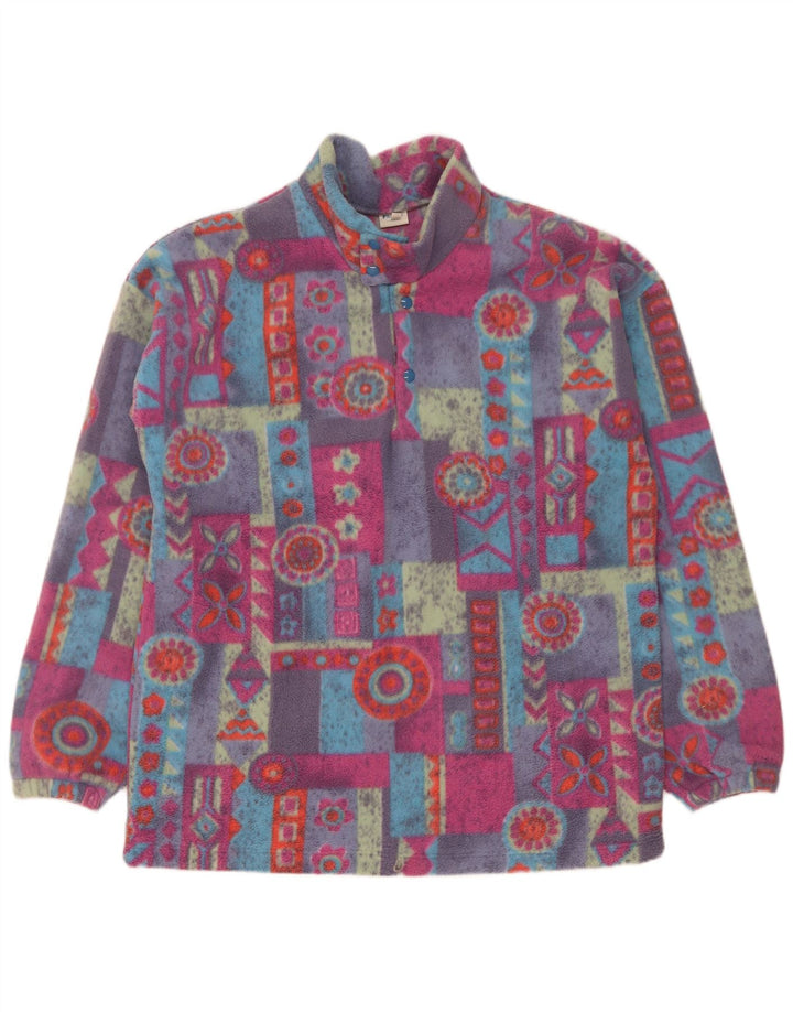 Vintage Mens Button Neck Fleece Jumper XL Multicoloured Geometric Polyester