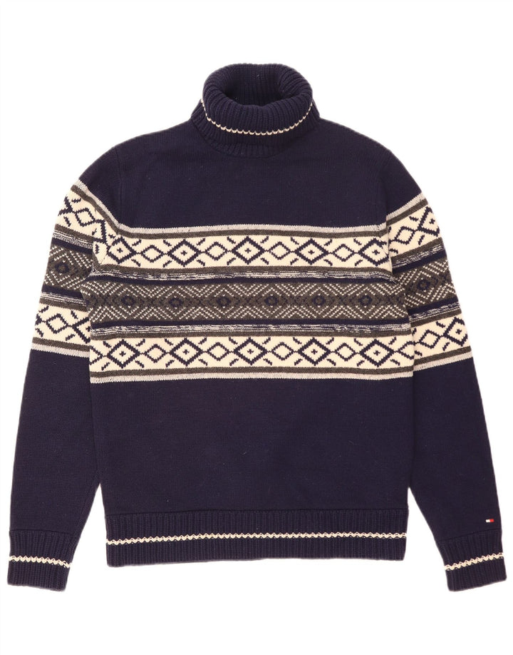 Tommy Hilfiger Mens Roll Neck Jumper Sweater Medium Navy Blue Fair Isle