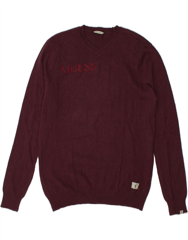 GUESS Womens V-Neck Jumper Sweater UK 18 XL Maroon Wool | Vintage Guess | Thrift | Second-Hand Guess | Used Clothing | Messina Hembry 