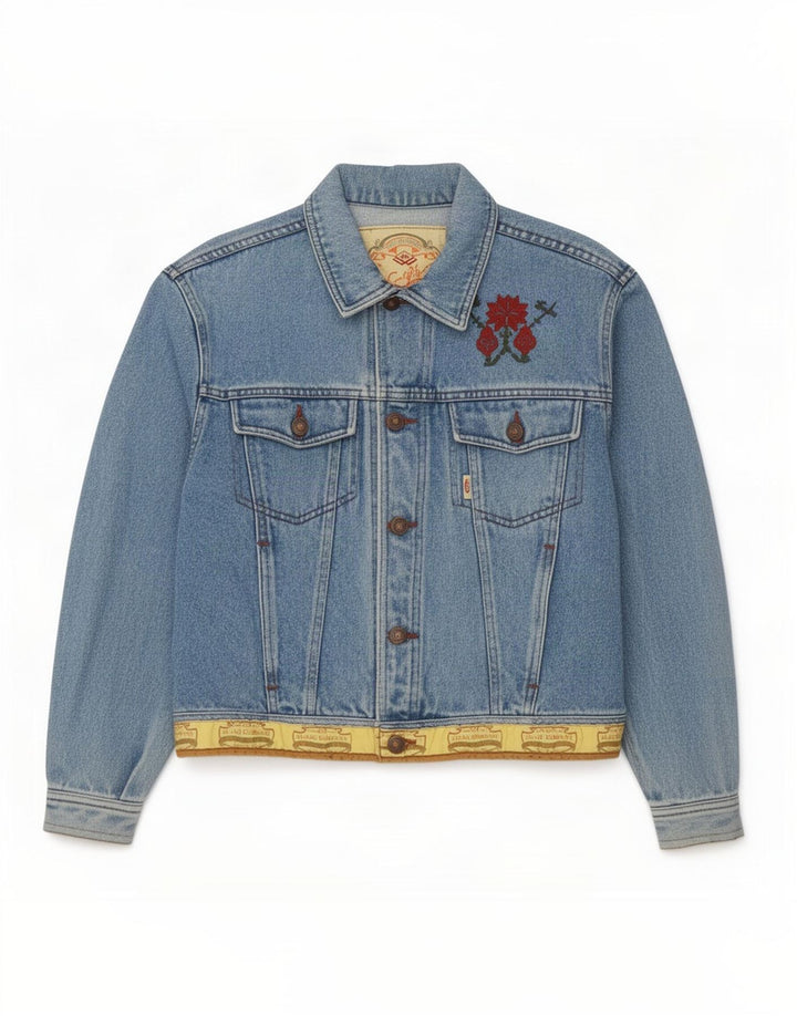 Vintage Mens Denim Jacket UK 14 Medium Blue Floral