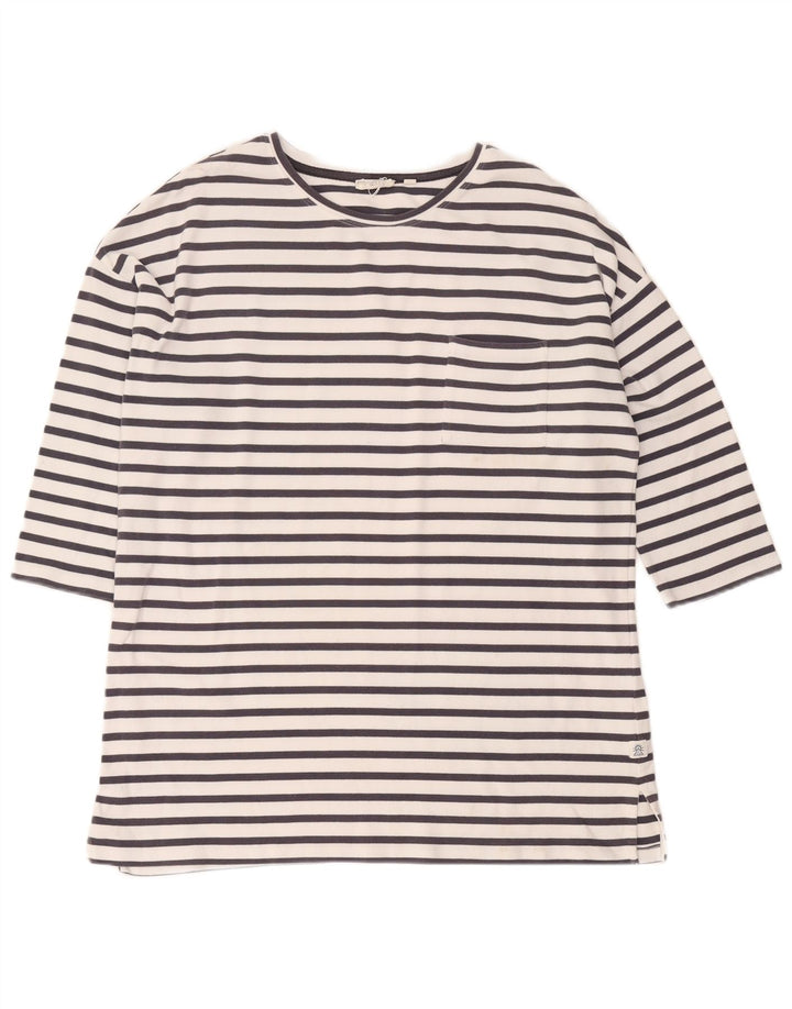 Fat Face Womens Oversized Top 3/4 Sleeve UK 16 Large White Striped Cotton