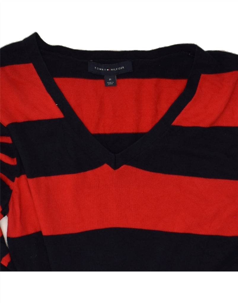 TOMMY HILFIGER Womens V-Neck Jumper Sweater UK 14 Medium Red Striped | Vintage Tommy Hilfiger | Thrift | Second-Hand Tommy Hilfiger | Used Clothing | Messina Hembry 