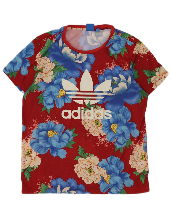 ADIDAS Womens Graphic T-Shirt Top UK 14 Large  Red Floral Polyester