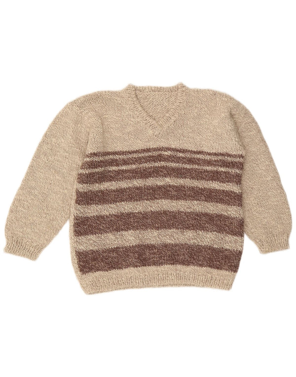 VINTAGE Womens V-Neck Jumper Sweater UK 16 Large Beige Colourblock