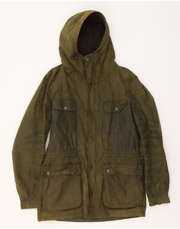 Barbour Mens Hooded Waxed Cotton Jacket UK 38 Medium Khaki Cotton