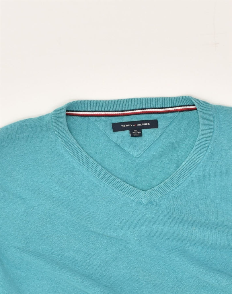 TOMMY HILFIGER Mens V-Neck Jumper Sweater 2XL Turquoise Cotton | Vintage Tommy Hilfiger | Thrift | Second-Hand Tommy Hilfiger | Used Clothing | Messina Hembry 