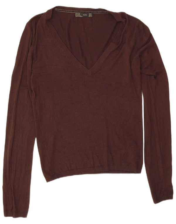Zara Womens V-Neck Jumper Sweater UK 14 Large Brown Rayon