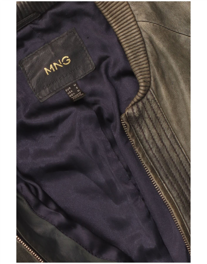 Mango Womens Leather Jacket UK 12 Medium Grey Leather