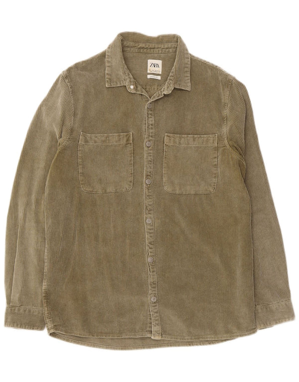 Zara Mens Corduroy Relaxed Fit Shirt Large Khaki Cotton
