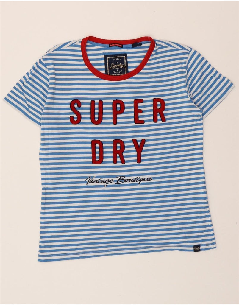 SUPERDRY Womens Graphic T-Shirt Top UK 12 Medium Blue Striped Cotton Vintage Superdry and Second-Hand Superdry from Messina Hembry 