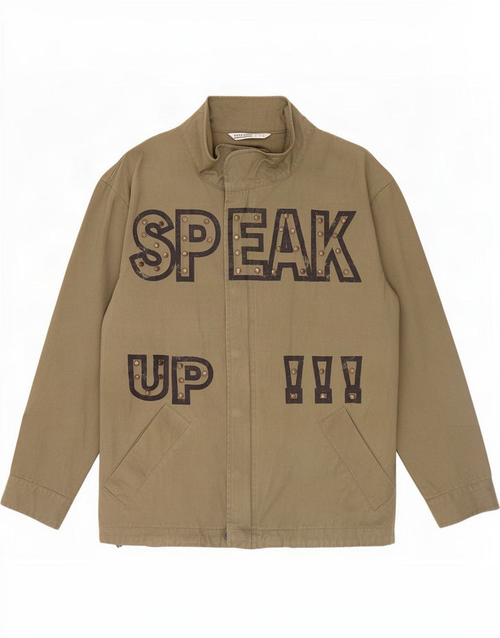 Zara Mens Graphic Bomber Jacket UK 36 Small Khaki Cotton