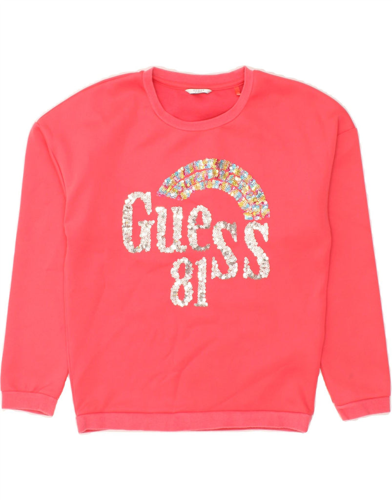GUESS Girls Graphic Sweatshirt Jumper 11-12 Years Pink Polyester | Vintage Guess | Thrift | Second-Hand Guess | Used Clothing | Messina Hembry 