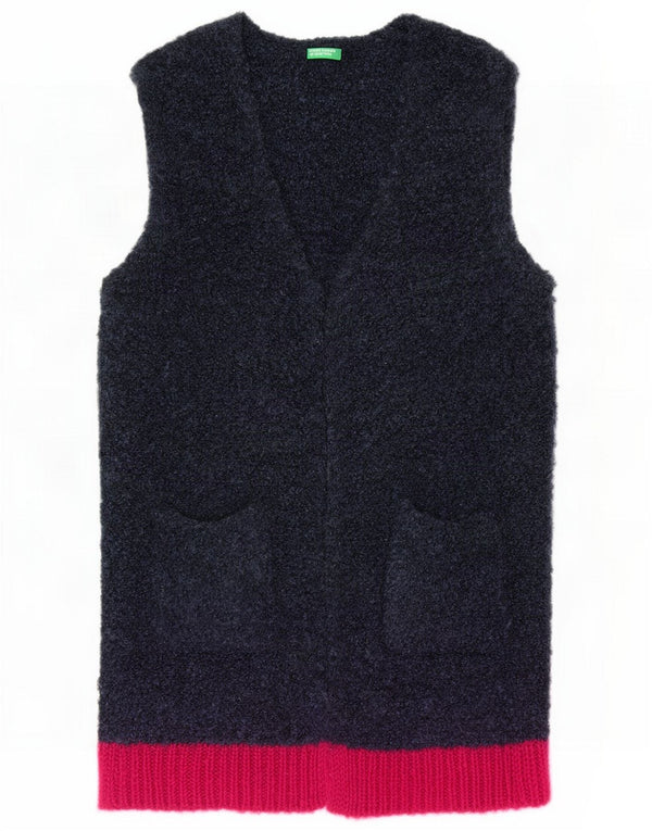 Benetton Womens Longline Sleeveless Cardigan Sweater UK 14 Medium Navy Blue
